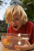 Boy bending over a dish with water and an apple, children's birthday party