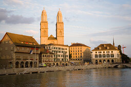 View over river Limmat to Grossmünster and Helmhaus, Zurich, Canton Zurich, Switzerland