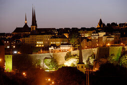 View of the old town at night, Luxembourg city, Luxembourg, Europe