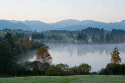 Lake Schmuttersee in the morning light, near Fuessen, Allgaeu, Upper Bavaria, Bavaria, Germany