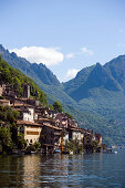View over Lake Lugano to picturesque village Gandria at mountainside of mount Monte Bre, Lugano, Ticino, Switzerland