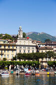 View over Lake Lugano to Luganow with cathedral St. Lorenzo, Lugano, Ticino, Switzerland