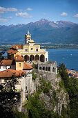 Pilgrimage church Madonna del Sasso and panoramic view over Lake Maggiore, Orselina, near Locarno, Ticino, Switzerland