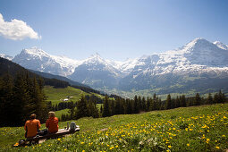 Hikers resting at Bussalp (1800 m), view to Eiger North Face (3970 m), Grindelwald, Bernese Oberland (highlands), Canton of Bern, Switzerland