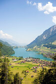 View from mountain Rothorn over valley with Lake Brienz and village Brienz, Bernese Oberland (highlands), Canton of Bern, Switzerland