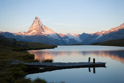 View over Lake Stellisee 2573 m to the Matterhorn 4478 m, Zermatt, Valais, Switzerland