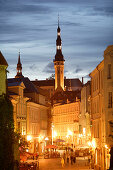 Viru street and steeple of the old city hall, Tallinn, Estonia