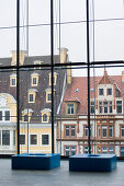 View out of a window of the museum of Visual arts to Fregehaus, Leipzig, Saxony, Germany