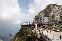 People on platform of Hotel Bellevue, mount Esel (2118 m) in background, Pilatus (2132 m), Pilatus Kulm, Canton of Obwalden, Switzerland