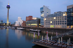 Modern architecture in the Media Harbour with television tower, state capital of NRW, Düsseldorf, North-Rhine-Westphalia, Germany