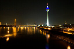 Media Harbour at night with television tower in the background, Düsseldorf, state capital of NRW, North-Rhine-Westphalia, Germany