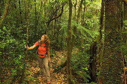 Eine Frau wandert durch einen Wald, Madagaskar, Afrika