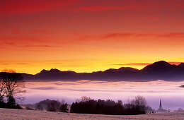 Sea of fog over Chiemsee, Chiemgau Alps in background, Chiemgau, Upper Bavaria, Bavaria, Germany