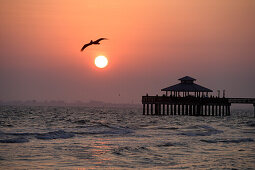 Sunset and the pier of Fort Myers Beach, Florida, USA