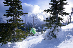 Skier skiing down run on Castle Mountain, Castle Mountain Ski Resort, Southern Alberta, Canada