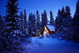 Verschneite Blockhütte im Wald