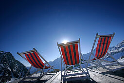 Three deck chairs, alpine hut Bella Vista, Schnals Valley, South Tyrol, Italy