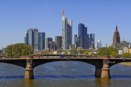 Frankfurt skyline with Main river and Commerzbank, Frankfurt, Hesse, Germany