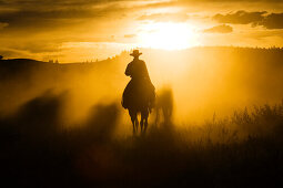 Cowboy reitet bei Sonnenuntergang, Oregon, USA