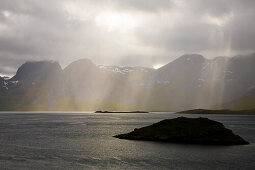 Rain and sunbeams in Selfjord, Flakstad Island, Lofoten, Norway