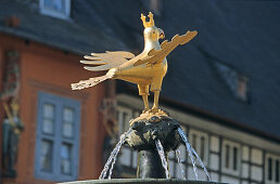Eagle on market fountain, Goslar, Harz Mountains, Lower Saxony, Germany