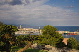 Jardins del Mirador, view from Montjuic to harbour,  coastline, Barcelona, Spain