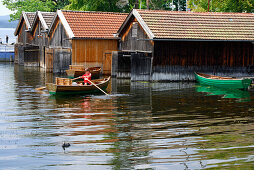 boat huts and rowing boats, lake Staffelsee, Upper Bavaria, Bavaria, Germany