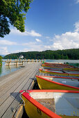 Landing stage with rowing boats, lake Walchensee, Upper Bavaria, Bavaria, Germany