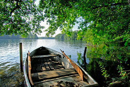 Rowing boat at shore of lake Langbürgner See, Chiemgau, Upper Bavaria, Bavaria, Germany