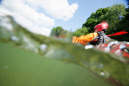 Kayaker on river Mangfall, Upper Bavaria, Bavaria, Germany, MR