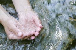Cupped hands in water of a creek, Styria, Austria