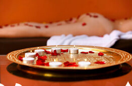 Tray with candles and petals, Riad Mehdi, Marrakech, Morocco