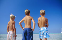  Bathing suits, Beach, Beaches, Blond, Blonds, Blue, Blue sky, Boat, Boats, Boy, Boys, Caucasian, Caucasians, Child, Children, Children only, Clear, Color, Colour, Contemporary, Cross arms, Crossing