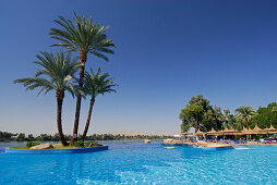 swimming-pool area with palm trees and view to the Nile and western bank of Nile, Crocodile Island, Luxor, Egypt, Africa