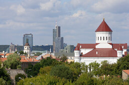 Orthodox church of the Holy Mother of God and the new business center of Vilnius in the back, Lithuania, Vilnius