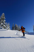 Skifahrer bei der Abfahrt, Feuerstätter Kopf, Allgäuer Alpen, Vorarlberg, Österreich