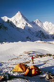 Camp under Masherbrum peak, Baltoro glacier 7821 m. Karakoram mountains, Pakistan