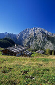 traditionelle Almhütten mit Watzmann, Berchtesgadener Alpen, Berchtesgaden, Oberbayern, Bayern, Deutschland