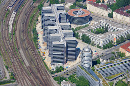 Luftaufnahme des Ten Towers Telekom Center in Haidhausen, München, Bayern, Deutschland