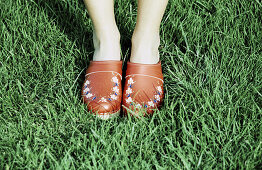  Adult, Adults, Anonymous, Clog, Clogs, Color, Colour, Concept, Concepts, Contemporary, Country, Countryside, Daytime, Detail, Details, Exterior, Feet, Female, Foot, Footgear, Footwear, Grass, Horizontal, Human, Lawn, One, One person, Outdoor, Outdoors, O