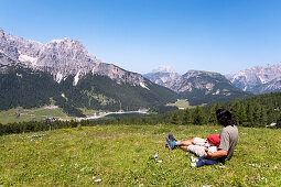 View from Col de Varda to Lake Misurina, Dolomites, Veneto, Italy