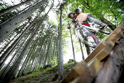 Mountain biker riding over a ramp in a forest, Oberammergau, Bavaria, Germany