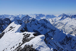 View over summits of mountains Madelegabel, Biberkopf and Widderstein, Allgaeu Alps, Bavaria, Germany