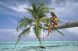 Girl in palm tree. Meerufenfushi Island. North Male Atoll .Maldives