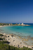 Beach with Sea Bird Restaurant and lodges, near St. Andrew Monastery, Cape St. Andrew and Klides Islands, Karpasia, Karpass Peninsula, Cyprus