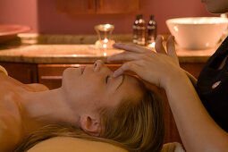 Woman enjoying a wellness massage, Le Meridien Limassol Spa and Resort, Hotel, Limassol, Cyprus