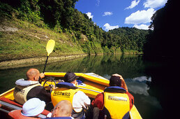 People driving a motorboat on the Wanganui River, North Island, New Zealand