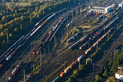 aerial view of tracks, shunting yard, Seelze, Hanover, Lower Saxony, northern Germany