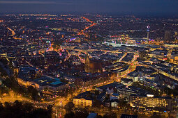 Aerial shot of city of Hanover at night, Lower Saxony, Germany