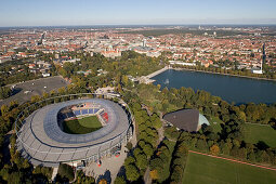 aerial panorama of Hanover city centre and New Town Hall, and the AWD Arena next to Maschsee Lake, Lower Saxony Germany